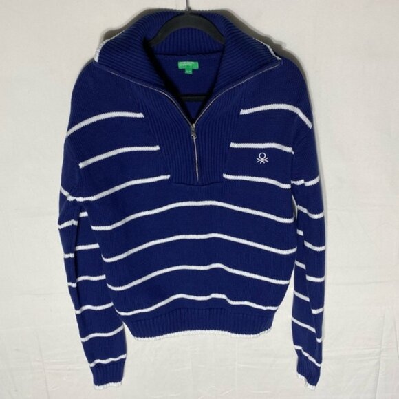 United Colors Of Benetton Sweaters - United Colors Of Benetton Navy White Striped Cotton 1/2 Zip Turtleneck Sweater M